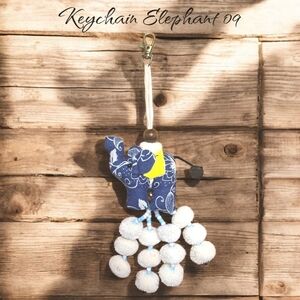 Blue Elephant Keychain with White Pom Poms